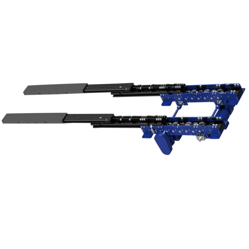 Triple-stage telescopic fork accessing double-deep racking