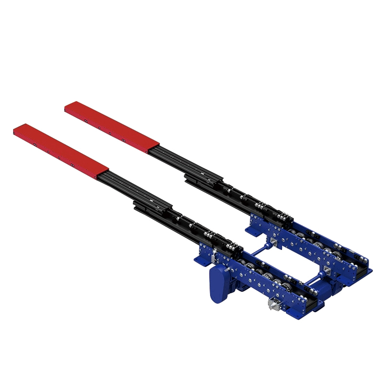 Telescopic fork fully extended in narrow aisle